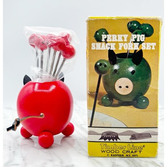 Vtg Perky Pig Snack Fork Set Red Hors D'oeuvre Appetizer 6 Forks Wood Japan New - Picture 4 of 10